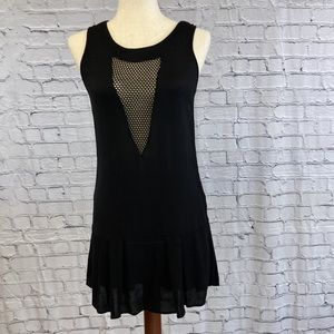 FARM Rio black beach cover dress w/ V shaped peekaboo crochet inset detail, S